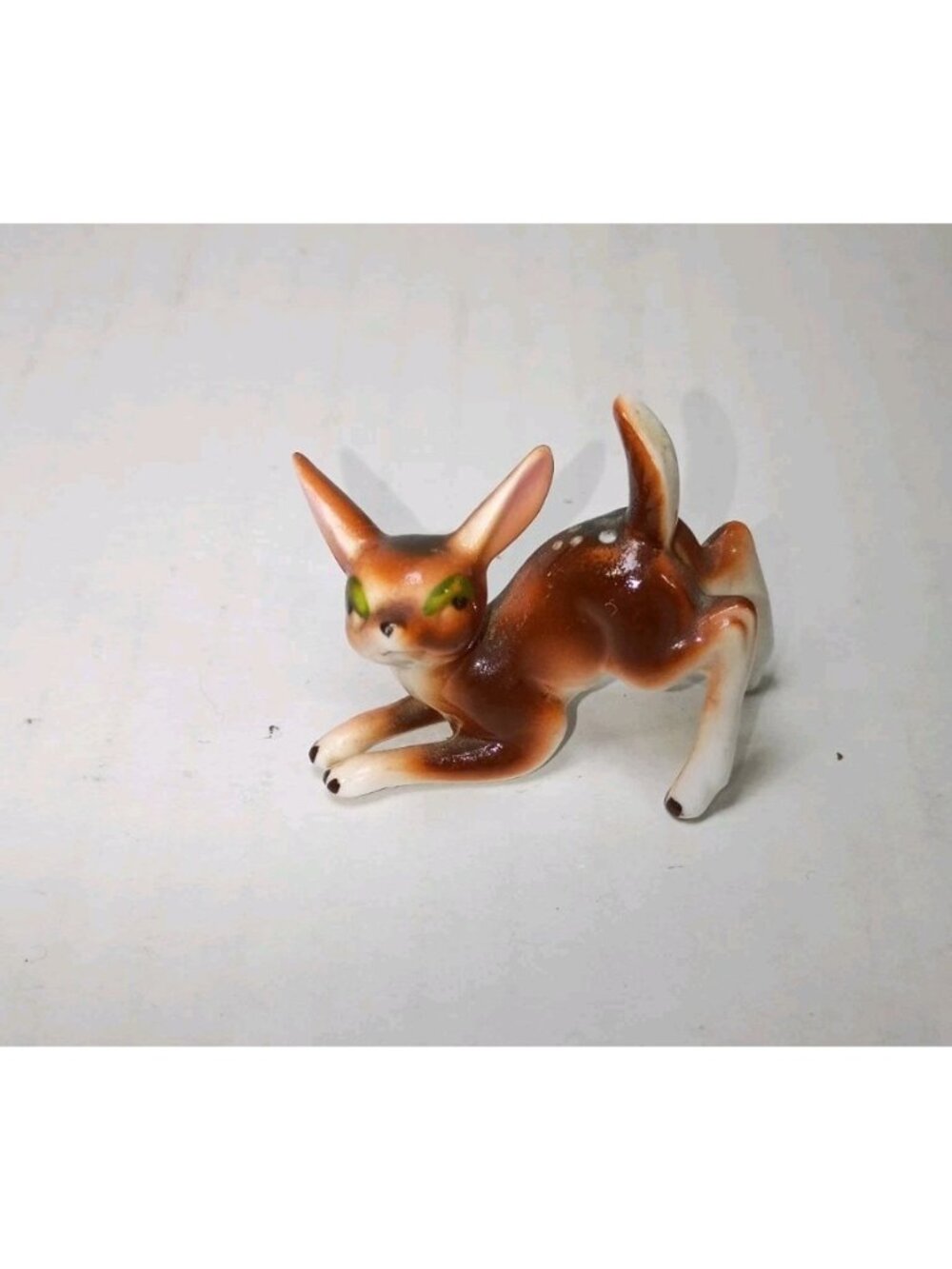 Vintage Bone China Fawn Deer Brown White Spots Big Green Eye Figurine Woodland
